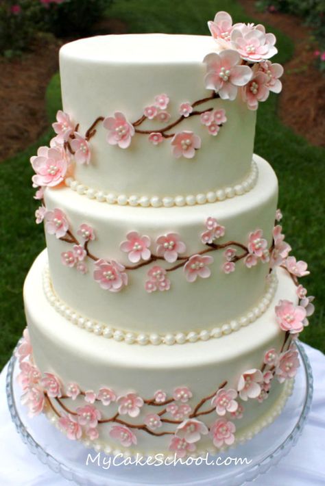 Cherry Blossom Cake | by Mycakeschool.com Cherry Blossom Wedding Cake, Cake Design Tutorial, Cherry Blossom Cake, Decoration Patisserie, Cherry Blossom Wedding, Tiered Cake, Cake Decorating Videos, Fondant Flowers, Cake Videos