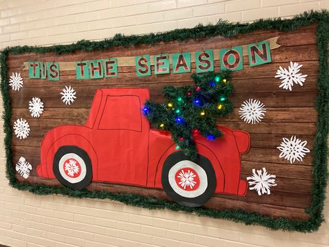 Red Truck Christmas Bulletin Board, Red Truck Bulletin Board Ideas, Christmas Truck Bulletin Board, Red Truck Christmas Classroom Door, Christmas Lights Bulletin Board Ideas, Christmas Tree Farm Bulletin Board, Christmas Billboard Bulletin Boards, Truck Bulletin Board Ideas, Fall Truck Bulletin Board