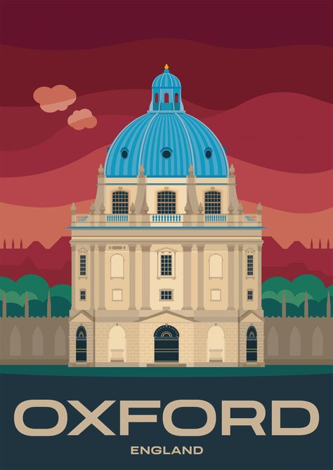 A modern, illustrated travel poster showing Radcliffe Camera, a building of Oxford University in Oxford, England. Oxford England University, Oxford University Poster, Hostel Poster, University Poster, Mary Russell, Radcliffe Camera, University Inspiration, University In England, Uk Map