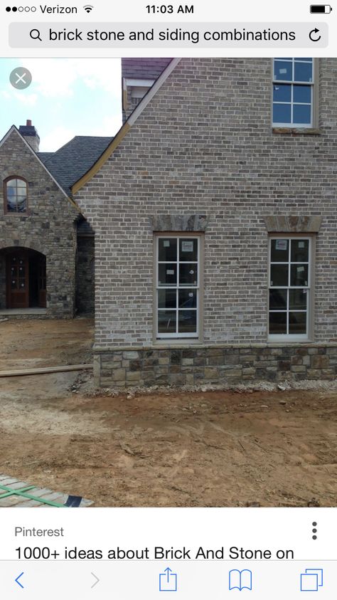 Grey Painted Brick House, Gray Brick House Exterior, Brick And Stone Exterior Combinations, Grey Brick Houses, Brick House Colors, Brick House Exterior, Exterior Color Combinations, Stone Exterior Houses, Painted Brick House