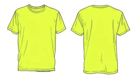 ↑↑↑ Larger size on website 🔸 The image shows a sketch of a plain, bright yellow t-shirt. The t-shirt is shown from both the front 🔸 From Midjourney AI Image Yellow T Shirt, Bright Yellow, Line Art, Short Sleeves, Sketch, Crew Neck, Yellow, T Shirt