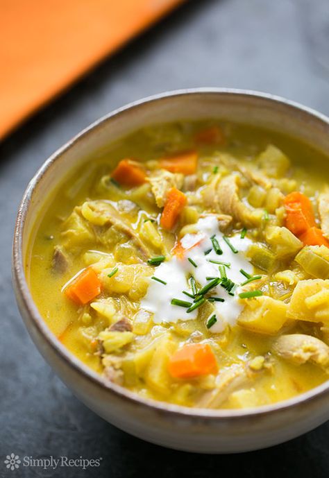 Curried Turkey Soup Recipe | SimplyRecipes.com Best Turkey Soup, Ground Turkey Soup, Rice Curry, Leftover Turkey Soup, Turkey Curry, Chicken Broth Recipes, Carrots And Celery, Turkey Soup Recipe, Thanksgiving Turkey Leftovers