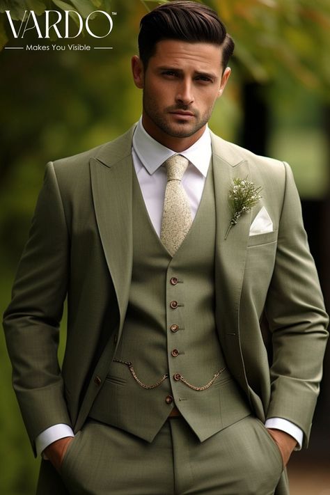 >>ORIGINAL ARTWORK AND CONTENT, PLEASE DO NOT COPY<< Men Suits, Suits For Man, Stylish Khaki Green Three Piece Suit for Men - Modern Slim Fit, Wedding, Formal Wear, Formal Attire for Men, Formal piece Wedding Suit, Double Breasted, Formal Fashion Slim Fit Suit. Description: Elevate your style with our Khaki Green Three Piece Suit for men, a versatile and sophisticated choice for various occasions. This modern slim-fit suit is expertly tailored to provide a sharp and polished look, making it perfect for weddings, formal events, or any special occasion. Crafted with the utmost precision, this suit boasts a comfortable and luxurious fabric blend that drapes elegantly. Its timeless khaki green hue adds a touch of individuality to your ensemble, ensuring you stand out in a sea of traditional op Eucalyptus Green Suit, Spring Wedding Groom Suit, Green Colorful Wedding, Mens Wedding Suits Green, Sage Suit Wedding, Italian Groom Suit, Olive Green Suit Men Wedding, Green Tie Outfit Men, Green Suit Groomsmen