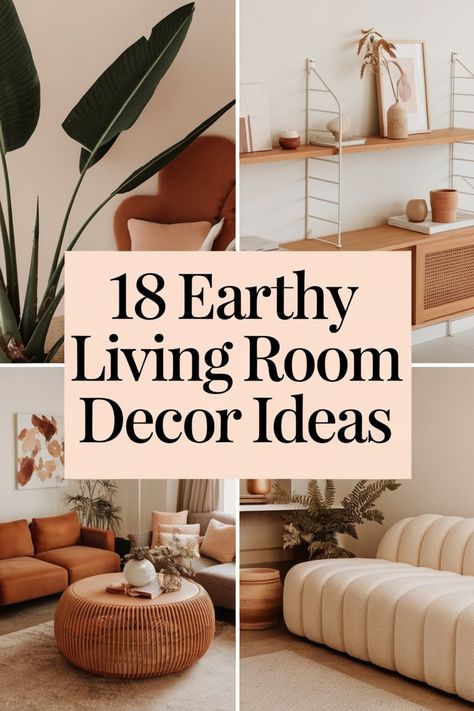 Collage of earthy living room decor, featuring plants, wooden shelves, and cozy seating. Living Room Inspo Earth Tones, Dark Wood Tones Living Room, Apartment Decorating Rustic Modern, Wood Themed Living Room, Cream Living Room With Green Accents, Plant Decor In Living Room, Home Decor Ideas Earth Tones, Modern Boho Sitting Room, Earthy Natural Living Room