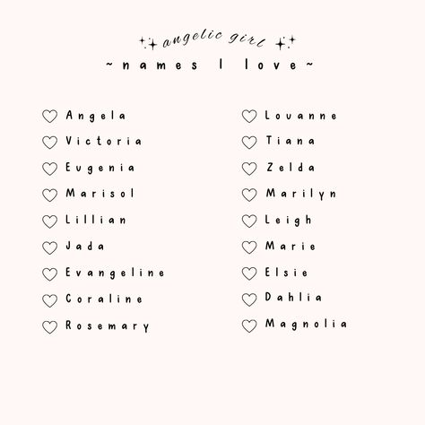 Angelic Female Names, Angelic Usernames, English Name For Girl, Nicknames For Angel, Aesthetic Girl Names With Meaning, Angelic Names Female, Angel Names List, Feminine Girl Names, Coquette Names