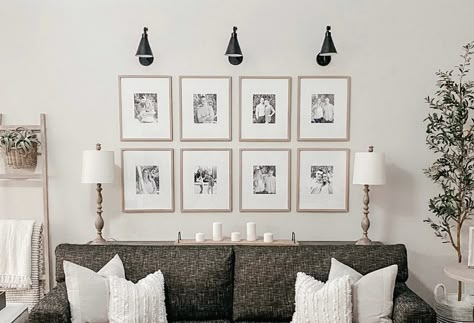 Large Frames Behind Sofa, 6 Frames Above Couch, Photo Wall Behind Sofa, Portraits Behind Couch, Photo Collage Above Couch, Black Frames Above Couch, Photos Over Couch, Picture Wall Above Couch, Black And White Gallery Wall Behind Couch