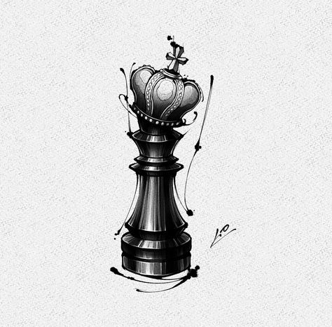 Chess King Tattoo Design, Queen Chess Tattoo, King And Queen Chess Piece Tattoo Design, King Chess Piece Tattoo Design, Chess Tattoo Design Black And White, Queen Chess Piece With Crown Tattoo, King And Queen Chess Pieces Tattoo, Queen Chess Piece Drawing, Chess Tattoo Design