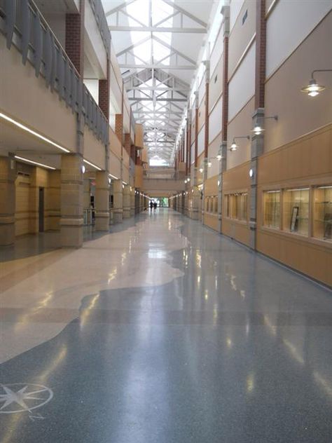 The hallway of the new Duxbury high school. Rich School Hallway, Luxury School Hallway, Fancy School Hallway, School Halls Aesthetic, University Hallway Design, Aesthetic School Hallway, Private School Hallway, Rich High School Aesthetic, School Hallways Aesthetic