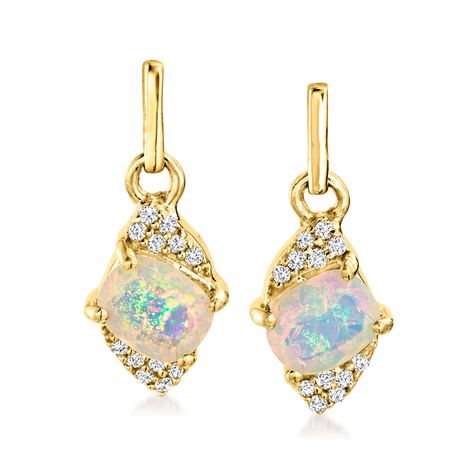 Ross-Simons - Ethiopian Opal Drop Earrings with Diamond Accents in 14kt Yellow Gold. Elegant and enchanting, these 5x4mm rectangular cushion-cut Ethiopian opal drop earrings have a dreamy quality that's almost magical. Sparked with round diamond accents and set in sunny 14kt yellow gold. Hanging length is 1/2". Post/clutch, Ethiopian opal drop earrings. Opal birthstones are the perfect gift for October birthdays. October Birthdays, Ethiopian Opal Earrings, Opal Drop Earrings, Opal Birthstone, Rectangular Cushion, Earrings Opal, Fine Jewelery, Opal Earrings, Fine Jewellery Earrings