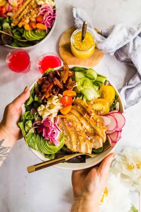 Loaded Chicken Salad with Honey Mustard Vinaigrette Loaded Chicken Salad, Crispy Veggies, Gluten Free Bowl, Chicken Cucumber, Loaded Chicken, Pickled Onion, Mustard Vinaigrette, Chicken Crispy, Honey Mustard Vinaigrette