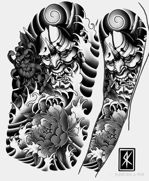 Japanese Mask Tattoo Sleeve, Japanese Blackwork Tattoo, Tattoo Sleeve Traditional, Mascara Oni, Lion Art Tattoo, Tattoo Japan, Tattoo Japanese Style, Tattoo On Arm, Samurai Tattoo Design