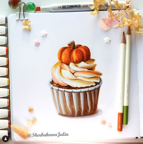 Muffin Dessert, Pumpkin Spice Desserts, Halloween Alcohol, Pumpkin Sketch, Cupcakes Fondant, Breakfast In A Jar, Cupcake Drawing, Watercolor Scenery, Fall Drawings