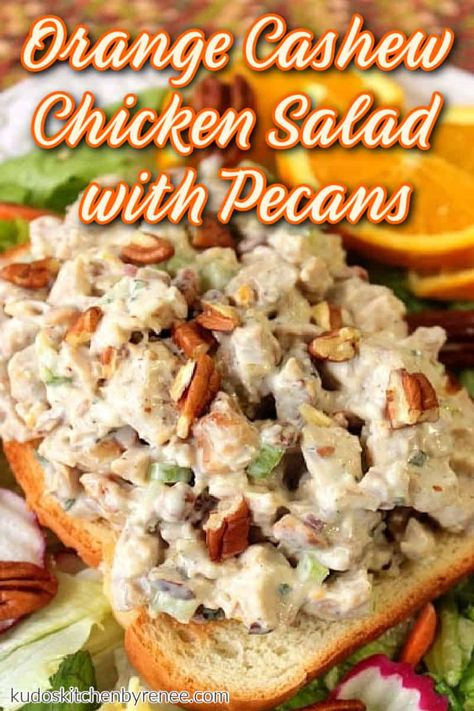 Orange Cashew Chicken Salad Recipe with Pecans for Extra Crunch: Orange Cashew Chicken Salad is simply the best-tasting chicken salad, EVER! It's creamy, crunchy, and takes only minutes to prepare! Chicken Salad Recipe With Pecans, Poached Chicken Thighs, Chicken Salad With Pecans, Cashew Chicken Salad, Salad With Pecans, Tarragon Chicken Salad, The Best Chicken Salad, Best Chicken Salad, Rotisserie Chicken Salad