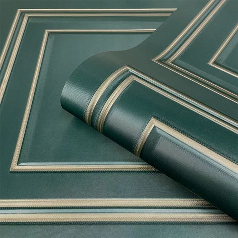 This design features a classic wood panelling effect with a subtle lustrous sheen for extra dimension. Seen here in the Green  Gold colourway. Green Wallpapered Bathroom, Large Format Wallpaper, Green Gold Room, Green Gold Office, Green And Gold Office, Emerald Green And Gold Bedroom, Wallpaper Emerald Green, Green And Gold Bathroom, Green And Gold Wallpaper