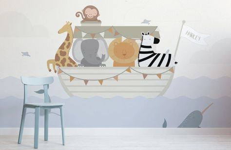 Custom Name Noah's Ark Wallpaper Mural | Hovia Noah’s Ark Mural, Noahs Ark Mural, Baby Boy Room Ideas, Kids Stage, Nursery Room Design, Noah S Ark, Unicorn Wallpaper, Daisy Painting, Photography Themes