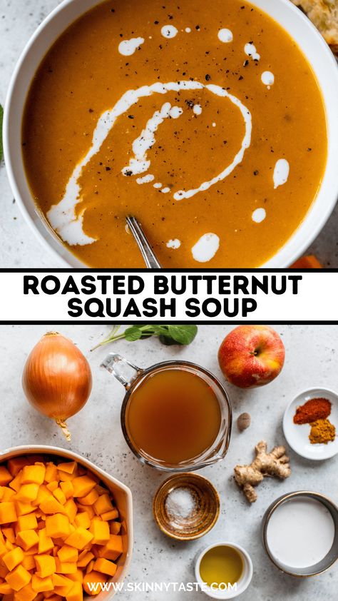 This cozy Butternut Squash Soup is sweetened with apple and seasoned with warming spices like ginger, cinnamon, and paprika. It’s made with coconut milk, so it’s also dairy-free and vegan. #soup #vegan #dairyfree #butternutsquash #healthyrecipes #weightwatchers Swuash Soup, Butter Squash Soup, Paleo Butternut Squash Soup, Butternut Squash Cinnamon, Homemade Soup Recipes, Vegan Butternut Squash Soup, Butternut Squash Curry, Healthy Butternut Squash, Butternut Squash Soup Recipe