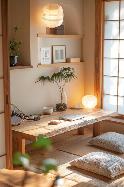 Japandi Wall Decor Living Room, Home Decor Ideas Scandinavian Style, Japan Style Apartment, Japanese Cozy Home, Japandi Style Home Office, Japandi Working Space, Japanese Inspired Decor, Furniture Free Living, Office Japanese Style