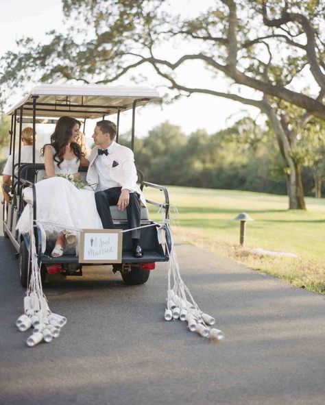 Golf Cart Wedding Exit, Golf Wedding Theme, Golf Cart Decorations, Beach Wedding Pics, Wedding Getaway Car, Backyard Elopement, Wedding Golf, Chinese Wedding Decor, Ojai Wedding