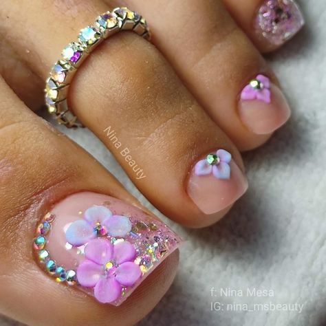 Red Pedicure Ideas Art Designs, Pedicure Ideas Acrylic, 3d Flower On Toenails, Summer Pedicure Designs 2023, Short 3d Nail Designs, Feet Designs Toenails, French Pedicure With Rhinestones, Toe Nail Designs Flower, Pretty Toes Pedicure