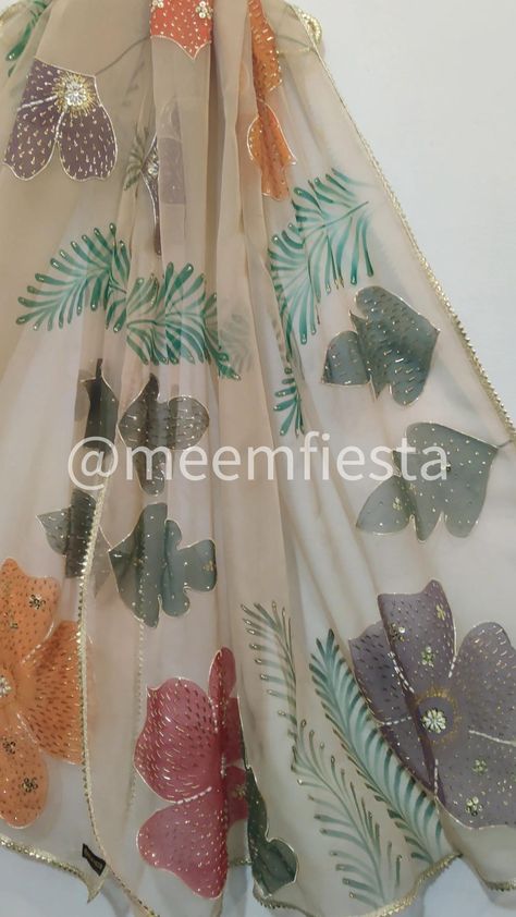 Hand Painted Dupatta with Embellishments ✨ 📩Dm on Instagram for place your order & queries  📦We deliver worldwide with in 4 to 6 weeks Painted Dupatta, Easy Diy Clothes, Fabric Painting Techniques, Hand Painted Dress, Henna (mehndi) Design, Pakistani Bride, Quick Outfits, Bridal Outfits, Fabric Painting