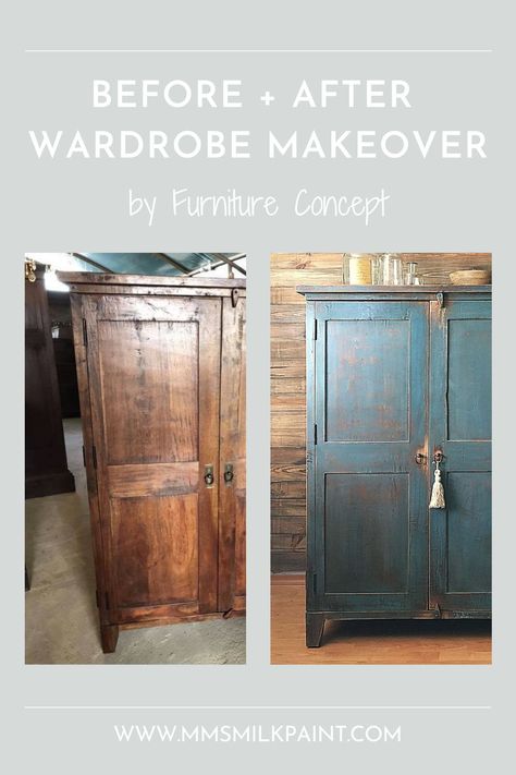 Refinished Wardrobe, Painted Wardrobe Ideas, Antique Wardrobe Makeover, Painted Wardrobes, Blue Wardrobe, Refinish Wood Furniture, Custom Wardrobe, Furniture Concept, Shabby Chic Wardrobe