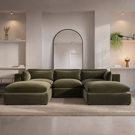 Colourful Decor Living Room, Green Velvet Furniture, U Shaped Sofa Uk, Dark Velvet Sofa, Living Room U Shape Sofa, Velvet Sofas Ideas Living Room, Khaki Green Living Room, Hunter Green Couch Living Room Ideas, Aesthetic Couches For Living Room