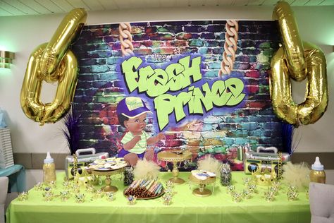 Fresh prince of bel-air baby shower,  gold chain Fresh Prince Dessert Table, Fresh Prince Baby Shower Theme, Fresh Prince Party, Prince Party Theme, Prince Baby Shower Theme, Jungle Theme Birthday Party, Meg 2, Prince Birthday Party, Baby Shower Party Themes