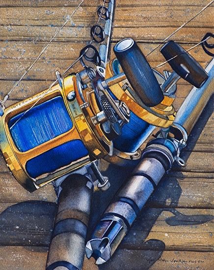 Lori Pitten Jenkins | WATERCOLOR | Thy Rod & Thy Reel The Comfort Me Watercolor Objects, Fishing Lures Art, Fish Reference, Fish Artwork, Hyper Realistic Paintings, Salt Water Fishing, Big Bertha, Fishing Pictures, Aluminum Boat