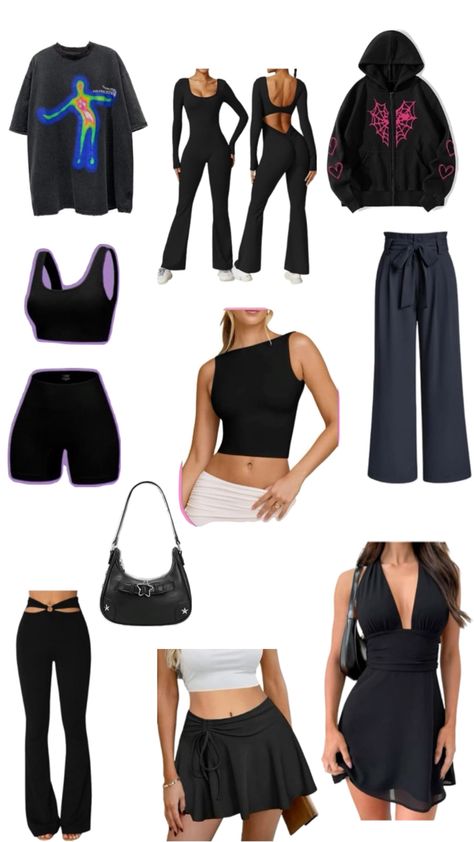 Trendy fashion, oversized tee, graphic design, cut-out back jumpsuit, cozy hoodie, spider web, heart designs, high-waisted flared pants, tie-waist wide-leg trousers, one-shoulder crop top, black biker shorts set, trendy mini bag, little black dress, plunging neckline, chic style, sporty look, must-have pieces, casual days, special nights out, edgy, sleek, flattering fit, black, black outfit, outfit inspo, outfit ideas, cute outfits, versatile wardrobe, contemporary style, relaxed fit, stylish layers, fashion-forward, effortless style. Black Black Outfit, Wardrobe Contemporary, Tee Graphic Design, Web Heart, Dress Plunging Neckline, Outfit Ideas Cute, Biker Shorts Set, High Waisted Flare Pants, Black Biker Shorts