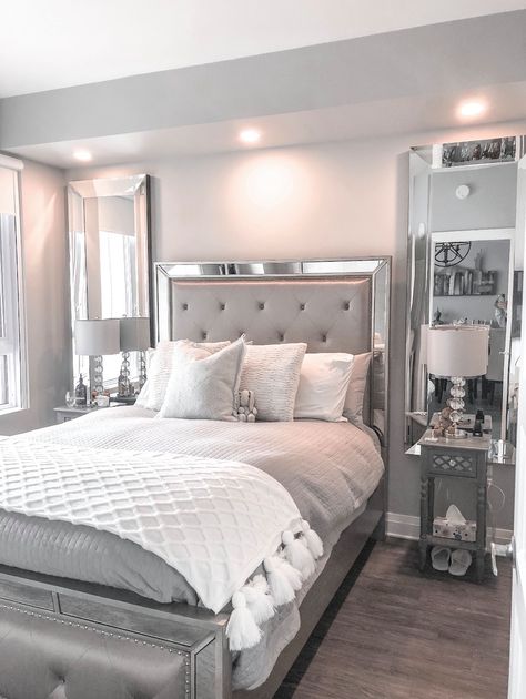 Silver Glam Bedroom, Silver Room Decor, Silver Bedroom Furniture, Bed Interior Design, Silver Bedroom Decor, Glam Bedroom Decor, Silver Bedroom, Grey Bedroom Decor, Bed Interior