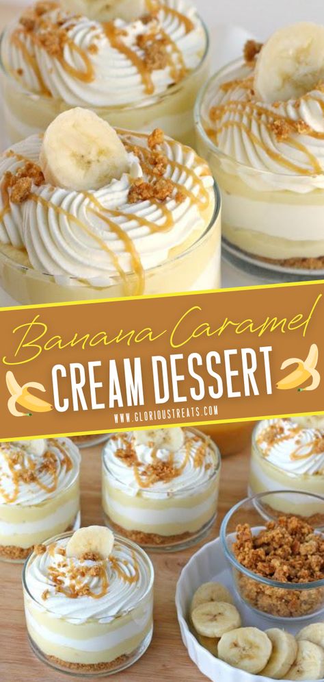 Your new favorite sweet treat! Banana Caramel Cream is a sweet, creamy, and delicious dessert in a jar or a glass perfect to impress family and friends. It is an easy cream dessert recipe with layers yummy goodness! Save this pin for later! Dessert Recipes Christmas, Cream Desserts Recipes, Caramel Dessert Recipes, Banana Caramel, Banana Dessert Recipes, Caramel Cream, Caramel Desserts, Fruit Dessert Recipes, Homemade Pastries