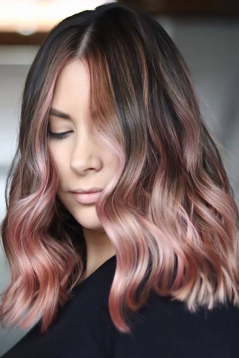 Blush Bayalage Hair, Rose Gold For Brunettes, Brown With Rose Gold Balayage, Money Piece Hair Rose Gold, Rose Gold Ends Hair, Apricot Balayage Brunette, Rose Brown Ombre Hair, Dusty Rose Highlights Brunette, Pale Pink Balayage