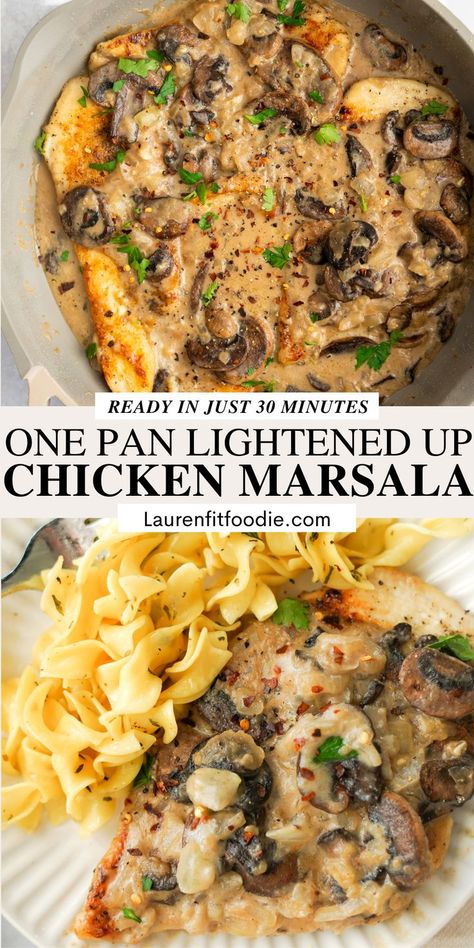 One Pan Chicken Marsala, Marsala Sauce, Pan Fried Chicken, One Pan Chicken, Chicken Marsala, Macro Meals, Mushroom And Onions, Sweet Wine, Mushroom Sauce