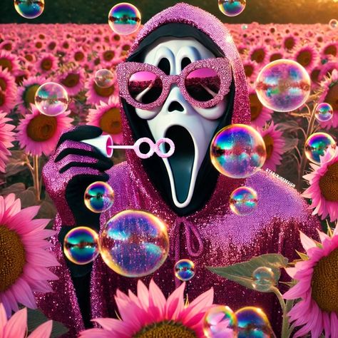 When you’re an autumn bish but tryna enjoy the last bit of summer.🫧🌸 Also threw in a few of me & my pom, Kirby😆 I’m ready to romp around in my hoody and hear the crunch of autumn leaves! And dress Kirby up in Halloween costumes.😂 Ghostface blowing bubbles was inspired by an artwork by @shelbynicholsart GHOUL get em this week! 👻 Xo, Heather . . ✨Images here created with Dalle + edited with other programs. . . . . #ScreamMovie #HorrorClassic #Ghostface #ScaryMovies #HorrorFans #glitterart ... Ghost Face Pink, Pink Ghostface, Scream Picture, Pastel Horror, Fake Skin Tattoo, Halloween Live Wallpaper, Widgetsmith Ideas, Fake Skin, Halloween Wallpaper Backgrounds