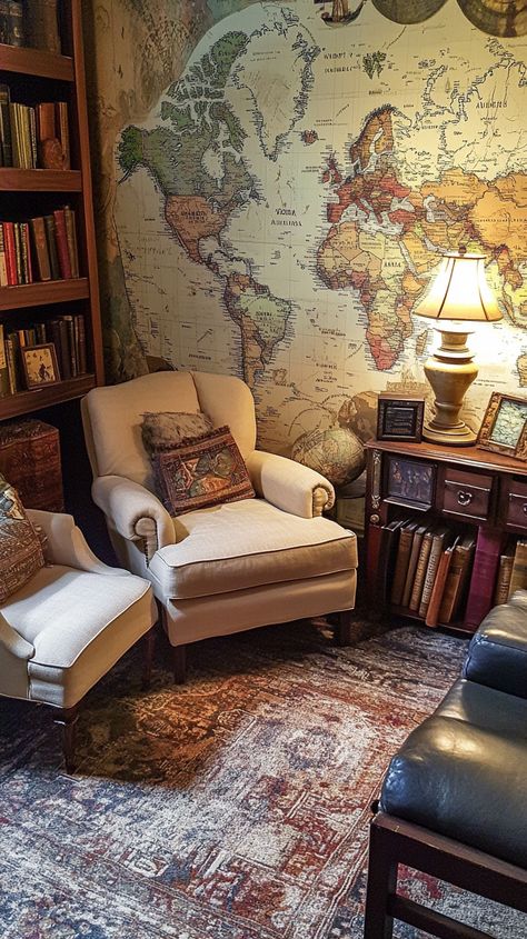 Unleash your inner explorer in this Sagittarius-inspired den! 🌍 Dive into adventure with world map wallpaper, a stunning global artifact display, and cozy seating. 📚✨ Perfect for dreaming up your next journey with an eclectic adventure book collection! #TravelVibes #SagittariusStyle Brooke Aesthetic, Artifact Display, World Map Wallpaper, Cozy Seating, Map Wallpaper, Dream Room Inspiration, Adventure Book, Apartment Ideas, Book Collection