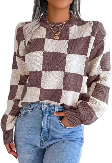 Women's Color Block Checkered Crew Neck Long Sleeve Y2K Plaid Knitted Pullover Sweater Tops Vintage Preppy Style Knitwear (Coffee,L) at Amazon Women’s Clothing store Shein Sweater, Sweater Tops, Vintage Preppy, Mock Neck Long Sleeve, Solid Leggings, Sweater For Women, Long Sleeve Plaid, Everyday Dresses, Romper With Skirt