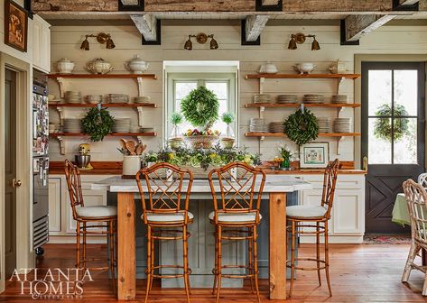 Farmdale Festivities - Atlanta Homes and Lifestyles Farmer Kitchen, Dining Table Place Settings, Ivory Kitchen Cabinets, Ivory Cabinets, James Farmer, Ivory Kitchen, Chippendale Chairs, Table Place Settings, Green Kitchen Cabinets