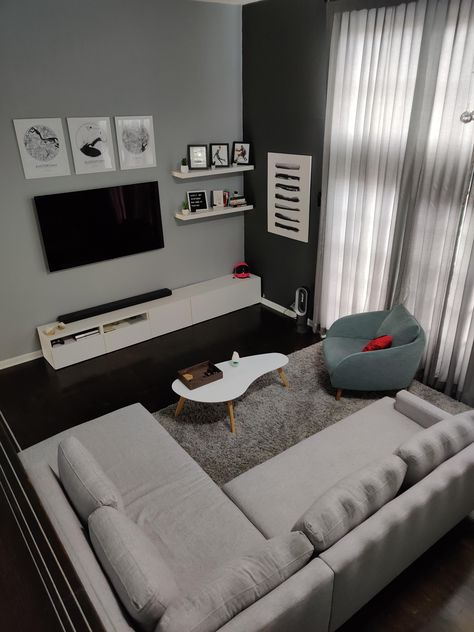 Completely re-did my living room this month! Simple Men Room Ideas, Room Design For Men Small Spaces, Men’s Apartment Decor Modern, Male Living Space Living Room, Bachelor Pad Apartment Living Room, Bachelor Room Decor, Men House Decor Ideas Living Room, Bachelor Decor Ideas, Industrial Sitting Room