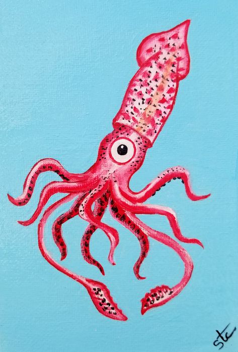 Squid Painting, Edgy Paintings, Cephalopod Art, Pottery Colors, Squid Drawing, Sea Creatures Art, Ocean Illustration, Octopus Squid, Turtle Drawing