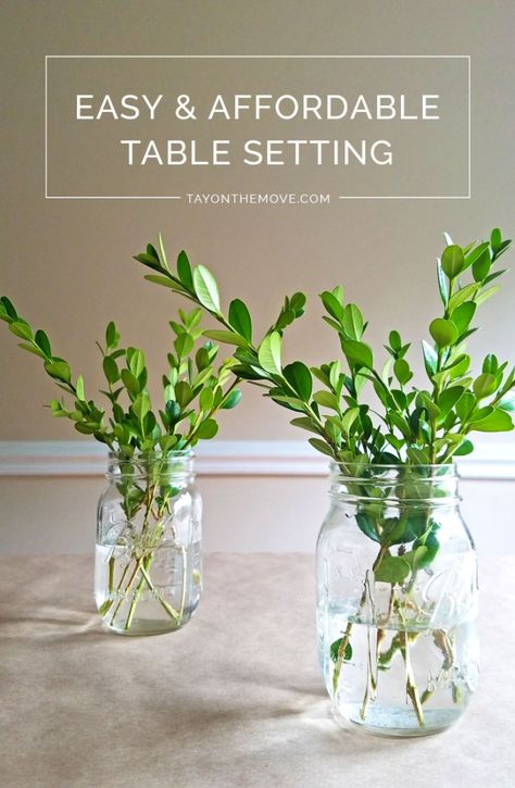 DIY/Creative: Easy & Affordable Table Setting Idea - This table setting is probably the most budget friendly one you've ever seen! Click through to see why! Christian Centerpieces Table Settings, Simple Table Decor For Party, Inexpensive Spring Centerpieces, Basic Table Decor, Small Tablescapes Ideas, Super Simple Table Centerpiece, Easy Cheap Table Decorations, Bible Table Decorations, Table Decorations Without Flowers