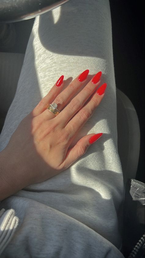 Fiery Red Nails, Chili Red Nails, Ferrari Red Nails, Red Gel Nails, Sharp Nails, Ferrari Red, Chili Red, Minimalist Nails, Fiery Red