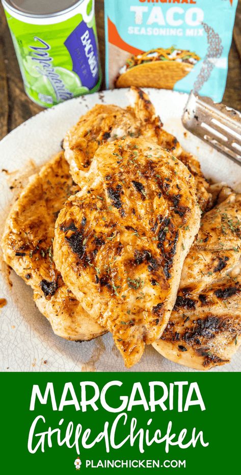 Margarita Grilled Chicken - the BEST! Only 3 ingredients including the chicken! Great as a main dish or chopped up in tacos. Chicken, margarita mix and taco seasoning. We make this at least once a week, Serve over rice and beans for an easy and delicious Mexican feast! #margaritachicken #chilis #grilled #grilledchicken #chicken Chicken Margarita, Margarita Grilled Chicken, Copycat Chili, Margarita Chicken, Tacos Chicken, Mexican Feast, Taco Mix, Side Dishes For Chicken, Rice And Beans