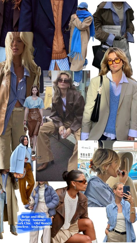 "Pinterest board featuring a curated collection of spring and summer work outfits in beige and blue tones. The board showcases timeless, chic styles that blend old money aesthetics with androgynous influences, perfect for professional settings. Beige and Blue  Spring / Summer  Work Chic. Old Money, Timeless, Androgenou Old Money Outfit, Money Outfit, Beige And Blue, Work Chic, Blue Spring, Summer Work, Brown And Blue, Cycling Fashion, Blue Springs