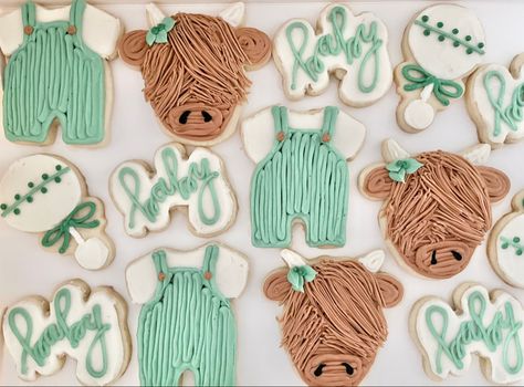 Highland Cow Cookies Baby Shower Boy, Highland Cow Baby Shower Cookies, Boy Baby Shower Cookies, Cow Baby Shower Theme, Cow Cookies, Cow Nursery, Frosted Cookies, Cow Baby Showers, Coed Baby Shower