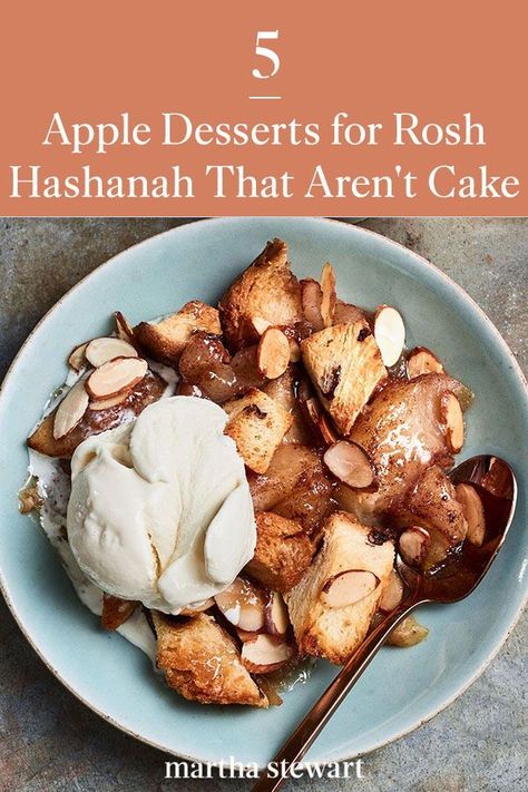 End the meal and start your New Year on a deliciously sweet note with one of these easy apple dessert recipes for Rosh Hashanah. Follow these simple and quick apple dessert recipes for a memorable and tasty holiday! #marthastewart #roshhashanah #roshhashanahrecipes #classicroshhashanahrecipes #fallholidays Easy Rosh Hashana Dessert, Rosy Hashanah Recipes, Rosh Hashanah Recipes Dessert, Roshashana Recipes, Easy Apple Dessert Recipes, Apple Pie Bread Pudding, Rosh Hashanah Desserts, Apple Crumble Topping, Quick Apple Dessert