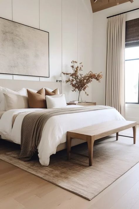 Masterbedroom Decor Ideas Minimalist, Light Wood Floor Bedroom, Organic Interior Design Bedroom, Organic Guest Bedroom, Organic Modern Primary Bedroom, Boucle Bedroom Ideas, Earthy Guest Bedroom, Earthy Neutral Bedroom, Organic Modern Bedroom Grey Bed