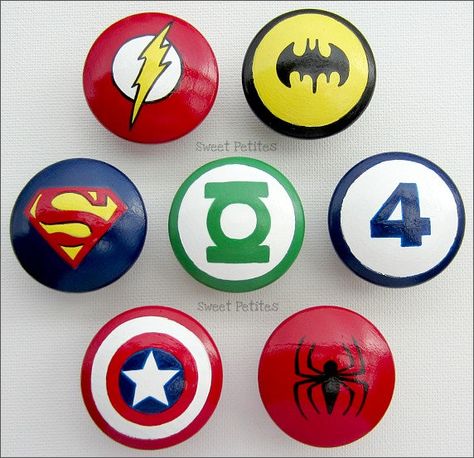 Hand Painted Knob Super Hero Dresser, Super Hero Room Ideas, Hand Painted Dressers, Boy Dresser, Batman Gifts, Batman Green Lantern, Superhero Bedroom, Dresser Drawer Knobs, Superhero Room