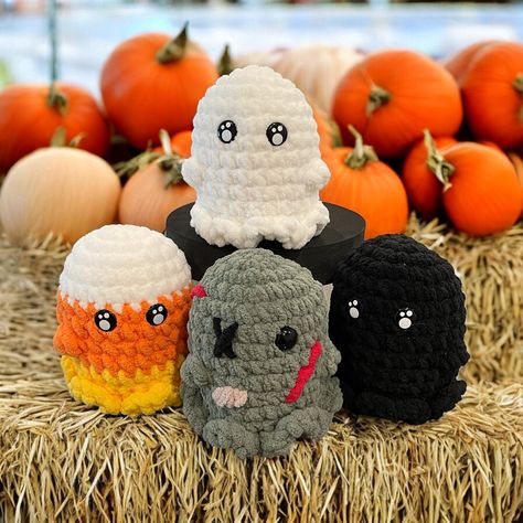 Ghosties ready for the spooky season! Approximately 5.5" high and 4.5" wide. Spot clean only. As these ghosties are handmade, sizes may vary slightly. **Safety eyes could be choking hazard for small children College Crochet, Crochet Booth, Crochet Seasonal, Disney Crochet Patterns, Crochet Plushies, Valley City, Crochet Halloween, Pinterest Diy Crafts, Crochet Business