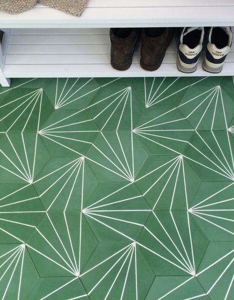 Tiles Uk, Tiled Hallway, Interior Tiles, Small Bathroom Makeover, Geometric Tiles, Green Collection, Green Tile, Beautiful Tile, Handmade Tiles