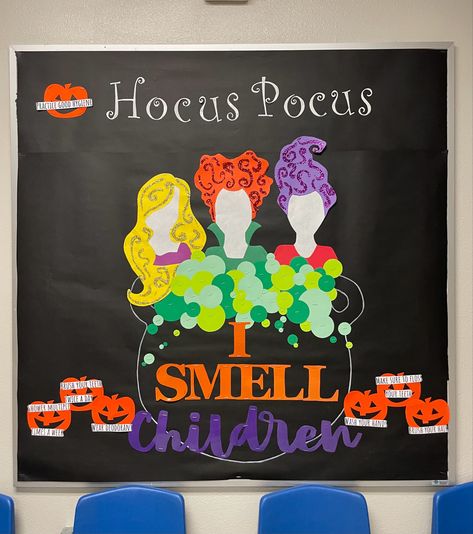 Halloween health office bulletin board! Hocus Pocus Bulletin Board Ideas, Hocus Pocus Bulletin Board, Office Bulletin Board, Office Bulletin Boards, I Smell Children, Red Ribbon Week, Toddler Art Projects, School Bulletin Boards, Costume Diy